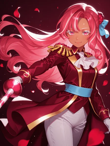 yoshino ns, lazypos, <lora:CRORasbXL:1> CRO_Rasb, 1girl, streaked hair, epaulettes, white pants, red coat, rapier, white gloves, hair bun, white ascot, long hair, dark skin, holding sword, hair ornament, sash, gold trim, simple background, depth of field, cowboy shot, light particles, rose petals, falling petals, <lora:cfg_scale_boost:0.5> looking at viewer, glowing, twirl, white eyelashes, smile, <lora:r-hrtdrp:0.3> detailing