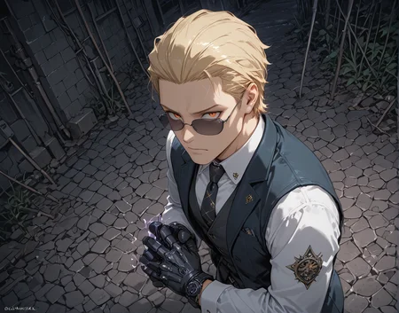 PonyScores7, source_anime, ah, 1IllustriousQual,
BREAK ((from above), (from side), focus on waist)
BREAK <lora:albertwesker-guy-PONYv1:0.8> albertwesker, 1boy, toned, athletic, fit, mature male, angular face, sharp_featured face, handsome, charming, alluring, <lora:shinyskin2:0.2> glistening skin, AS-MidAged, <lora:shinyskin2:0.2> glistening skin
BREAK slicked back hair, short hair, blonde, <lora:hairdetailpxl:0.2> hairdetailpxl,
BREAK slit pupils, orange eyes, <lora:expressive eyes:0.2> expressive eyes, <lora:eyedetailpxl:0.2> eyedetailpxl, <lora:Eyes_High_Definition:0.2> EyesHD
BREAK (His hands glowed with a soft, purple light as he manipulated the fabric of reality, creating a small portal to another dimension)
BREAK (a vibrant glade, with colorful plants, shimmering water, enchanted animals, and an aura of life)
BREAK focused, intense glare, apathetic, contemptuous, <lora:Expressive_H:0.2> Expressiveh, looking at viewer, <lora:Emotional_Anime_Expressions_PonyXL_Concept:0.2> emotional, <lora:Best_Facial_Expression_LoRA_PONY:0.2>, <lora:expresionesv3Rank128:0.2> expresiones, <lora:Detailed expressive EXEV style -XL Pony V1.0:0.2> FaceDetail
BREAK (wears a tailored, dark green waistcoat over a crisp white shirt, and his gleaming silver mechanical hand is encased in a black leather glove, A long, high-collared coat billows behind him as he walks, his polished boots clacking against the cobblestone streets of the spaceport), (sunglasses:1.3),
BREAK <lora:xl_more_art-full_v1:0.2>, <lora:aesthetic_anime_v1s:0.2>, <lora:EpicF4nta5yXL:0.2>, <lora:detailxl:0.2> detailxl, <lora:Fant5yP0ny:0.2>, best quality, amazing quality, best aesthetic, absurdres, illustration, Volumetric_Lighting, ultra-detailed, very aesthetic, intricate details, 8k, masterpiece, best_quality
BREAK Stable_Yogis_PDXL_Positives, AS-Adult, <lora:Complicated fantasy portrait - XL Pony V2.0:0.2>, bad-hands-5, <lora:HDA_Detailer:0.3>