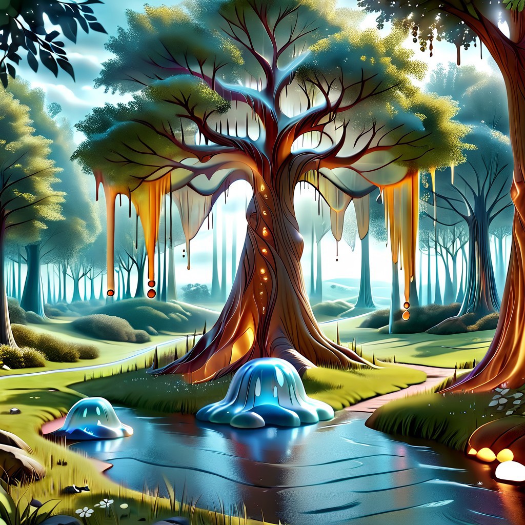 a forest made out of slime, dense-forest, Yggdrasil, a vast tree made out of slime, A large tree made out of slime, brown slime tree, translucent tree, transparent tree, 
everything made of slime, No simple background, ((slime tree)), detailed leaves, detailed bark texture, 
overcast sky, natural light, no bright spots, 
((translucent slime)), ((transparent slime)), (bioluminescent slime), sl1m3, slime, slime-morph, ais-blmn, saturated colors, no creatures, no monsters, no pokemon, scenery only, scenery, ral-lava, watce