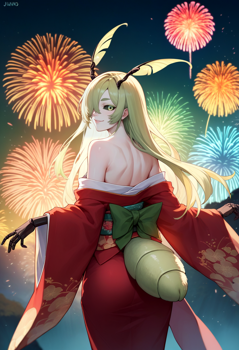 score_9, score_8_up, score_7_up, source_anime, from behind, solo, 1girl, juniperactias, arthropod girl, colored skin, extra arms, smile, looking back, long hair, hair over one eye, antennae, colored sclera, kimono, off shoulder, wings, bare shoulders, fireworks <lora:oc_juniperactias_ponyXL:1>