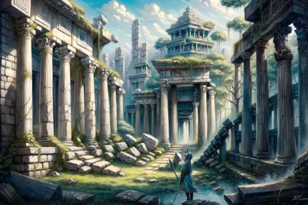 <lora:FantasyRuins:0.8> FanRu, sinister fantasy world, ruins, overgrown, temple, columns, elf girl statue, best quality, masterpiece, <lora:more_details:0.65>