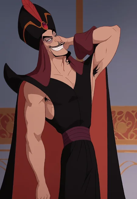 safe_pos, safe_pos, score_9, score_8_up, rating_nsfw, ultra hd, absurdres, best quality, best aesthetic, masculine, solo, 1boy, male focus, perfect proportions, handsome, erotic, alluring, hand with five fingers, mature male, coloured
DisneyJafar, facial hair, black robes, cape, mustache, hat, Expressiveh, hand behind head, evil grin, playing with armpit