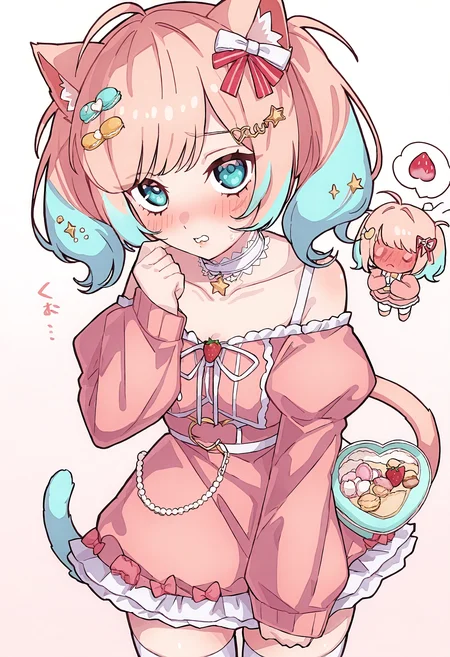 kame 0 0 kame, <lora:kame_0_0_kameloconeps11:0.8>,
theine, <lora:theobrobine-guy90-Illust-Lycorisv1:0.8>,
<lora:trforill-000148:0.6>,
(masterpiece, best quality, ultra-detailed), 1girl, anime style,
gradient hair (light gold to cherry pink), fluffy twintails, curled ends (cream puff shape), light blue highlights at roots,
pearl chain, strawberry ribbon on left twin tail, cat ear hair accessory (with spring) on right twin tail,
air bangs, ahoge with sparkling star effect,
puppy eyes, downturned eyes, peach soda iris (pink-orange outer layer, crystal blue inner layer),
double crescent and small star highlights, teardrop glitter at inner corner,
three-layer eyelashes (black upper, white lower), petal-shaped lower lashes,
heart-shaped blush extending to nose bridge, blush changes to emoticon when touched,
orange jelly lips, fuller lower lip (1.2x), naturally upturned lips,
152cm height, chibi proportion (4-head ratio), enlarged hands and feet (15%),
infantile cute appearance, swan neck, lace choker, highlighted collarbone,
absolute territory (21mm), knee-high socks with embroidered cat paws, slightly slipped socks showing 0.5mm skin,
milky white sailor dress, LED bowtie (color changes with mood), layered cake sleeves, mini bells,
long ribbon with cloud-shaped pocket, AI hamster peeking from pocket,
anti-gravity skirt, strawberry-printed safety shorts,
changing beauty mark below right eye (emoticon), ahoge plays music box melody,
macaron-colored glow when shy, steam effect with "baka kinshi" text,
dynamic lighting, pastel colors, magical atmosphere,
intricate details, ethereal glow, (high contrast:1.1)