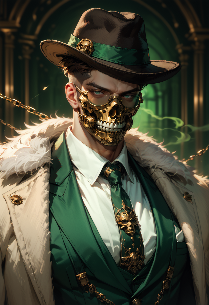 (score_9, score_8_up), score_7_up, 1boy, solo, simple background, portrait, head on, muscular male, bara, manly, tsurime, mature male, serious, dark green background, black and dark green theme, chains, black hat, fluffy coat, fedora, brown hair, crew cut, suspenders, close up, crew cut, short hair, green smoke, necktie, suit, jewelry, white shirt, green vest, coat, sunglasses, gold mask, black tinted eyewear, (face mask), realistic, sinister, blurry background, depth of field, DOF, chaos <lora:Mafia_Outfit:0.5>