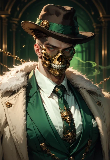 (score_9, score_8_up), score_7_up, 1boy, solo, simple background, portrait, head on, muscular male, bara, manly, tsurime, mature male, serious, dark green background, black and dark green theme, chains, black hat, fluffy coat, fedora, brown hair, crew cut, suspenders, close up, crew cut, short hair, green smoke, necktie, suit, jewelry, white shirt, green vest, coat, sunglasses, gold mask, black tinted eyewear, (face mask), realistic, sinister, blurry background, depth of field, DOF, chaos <lora:Mafia_Outfit:0.5>