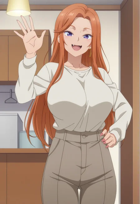 1girl,solo,mm,mature female,long hair,orange hair,purple eyes,earrings,large breasts,anime coloring,
shirt,pants,cowboy shot, hand on own hip, looking at viewer, smile,waving, indoors,open mouth, fang
,masterpiece,best quality,amazing quality,<lora:Mai_Fuyuki-Hokkaido_Gals_Are_Super_Adorable_ix:0.8>
