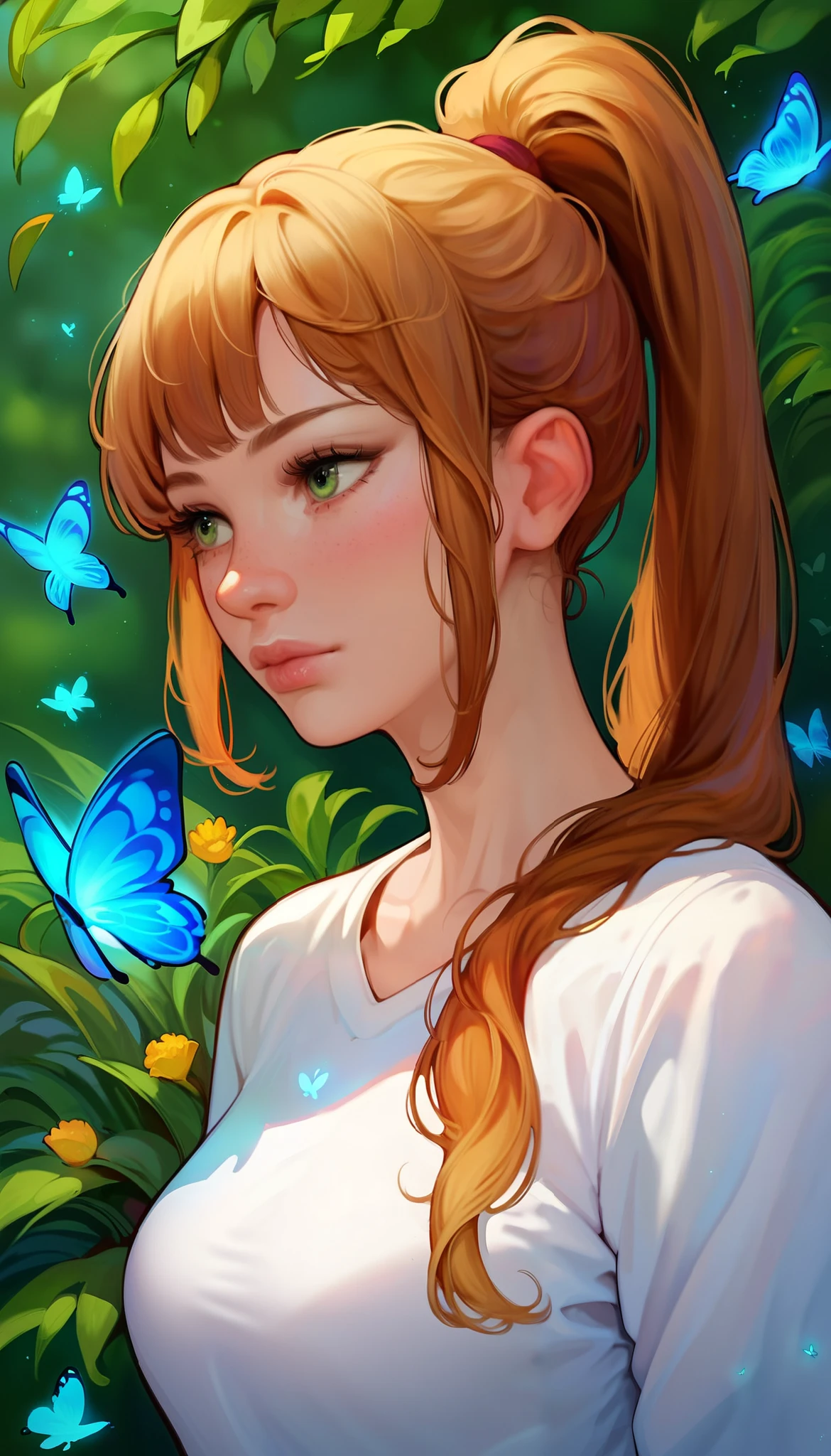 score_9, score_8_up, score_7_up, score_6_up, 1girl, solo, ponytail, green eyes, eyelashes, butterfly , shirt, upper body, white shirt, closed mouth, from side, nose, bangs