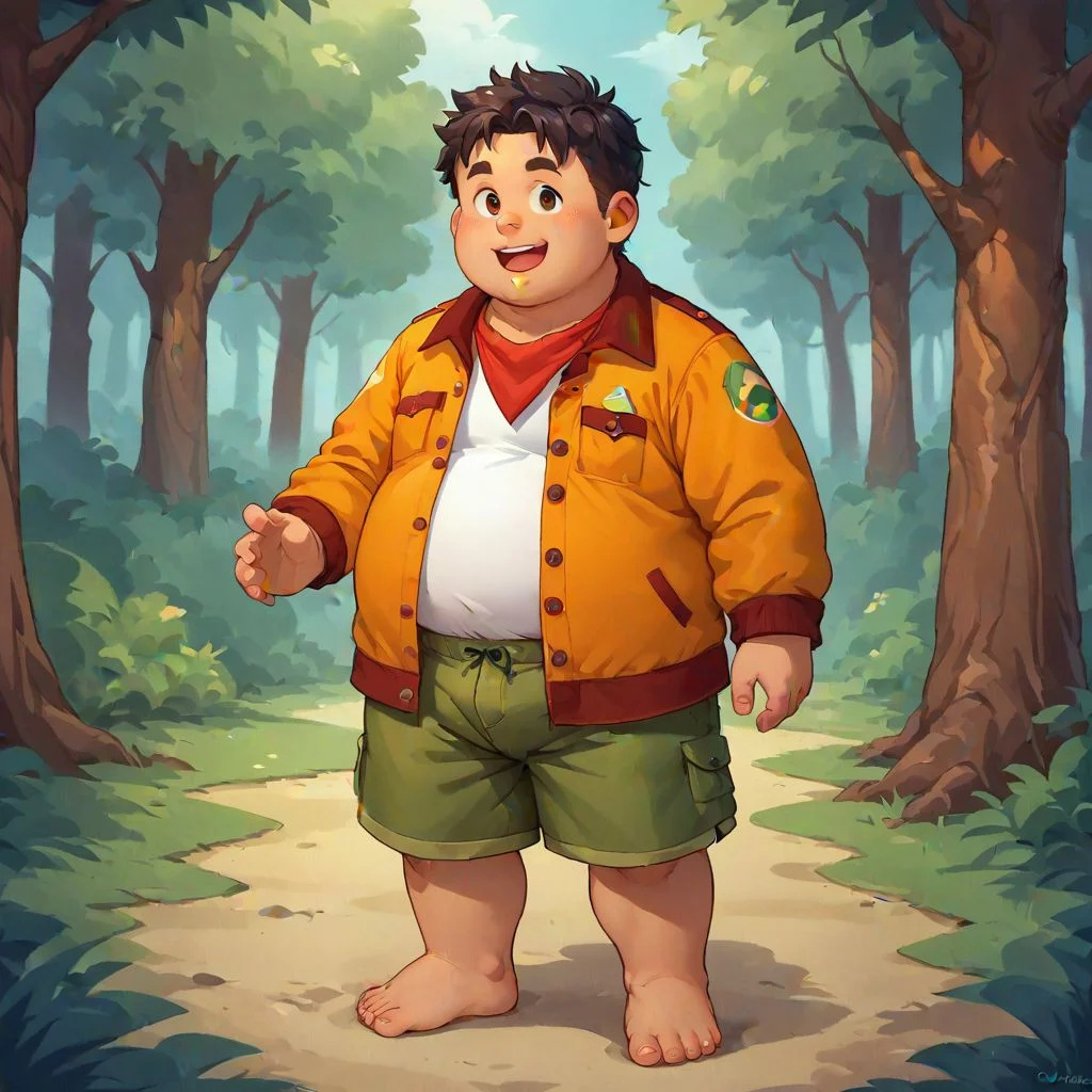 score_9, score_8_up, score_7_up, source_anime, obese, wearing a boyscout uniform, wearing shorts, wearing boy scout shirt, unbuttoned, wearing neckerchief, standing, summer camp background, 1boy, solo, forest background, happy mood, young, dark hair, messy hair, barefoot, chibfurri, five toes, cub.