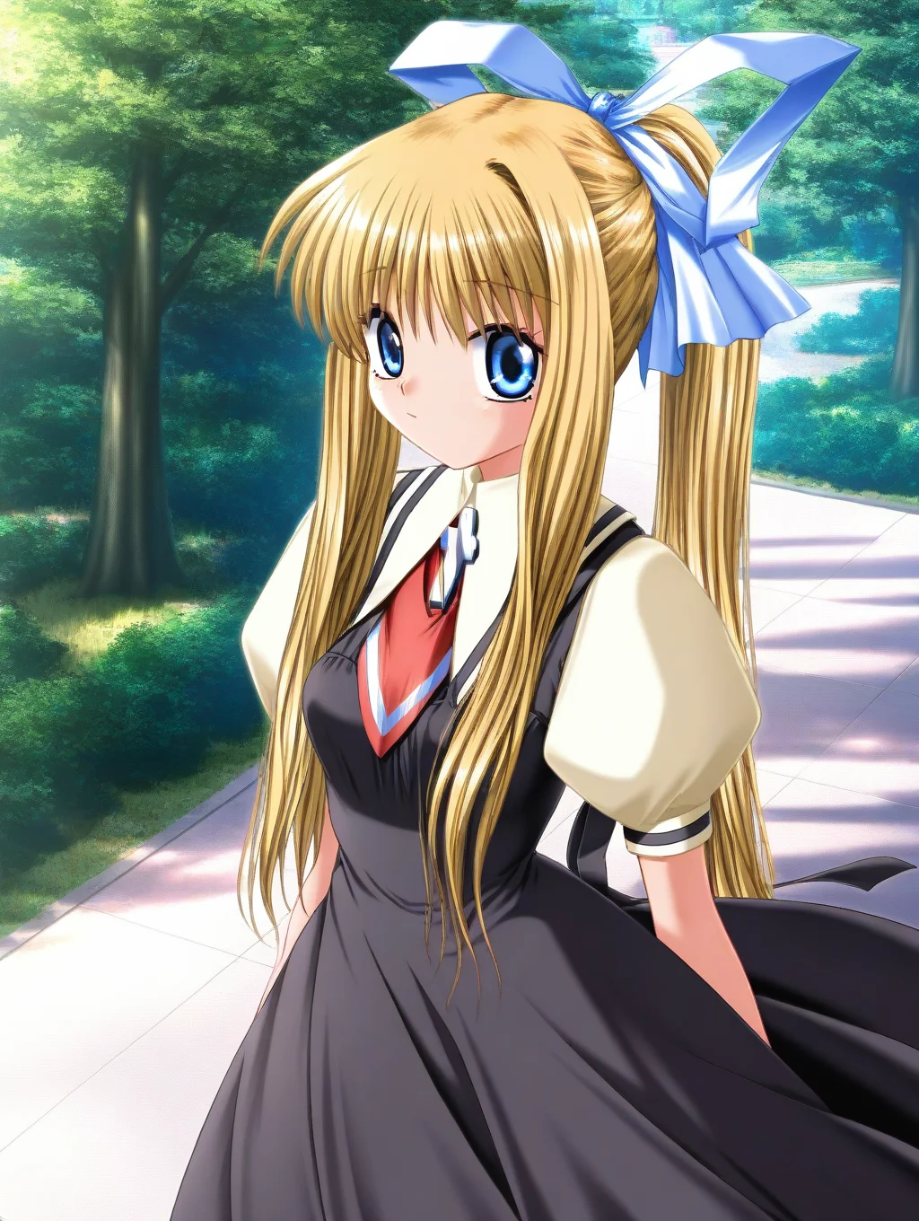 masterpiece,best quality,amazing quality,very aesthetic,absurdres,newest,scenery,<lora:kamio misuzu_air_ilxl_v1-000010:1>,1girl, kamio misuzu, solo, blonde hair, long hair,blue eyes, ponytail, school uniform, cross, puffy sleeves, ribbon, short sleeves, hair ribbon, black dress, puffy short sleeves, dress,looking at viewer,