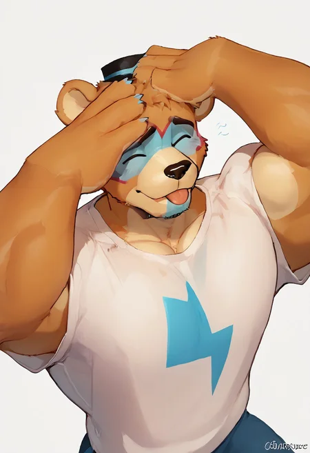 score_9, score_8_up, score_7_up, 1boy, solo, bara, solo, male focus, muscular, dad bod, mature male, anthro, (((glamrockfreddy))), glamrock freddy, furry, bear, blush, smile, large pecs, white background, simple background, sw4p, cheesecrumbles style, 3d, 3d render, blender render, AhEtoBlehMeme, closed eyes, tongue out, :p, hands on own head, smile, white t shirt, white shirt, shirt, t shirt,