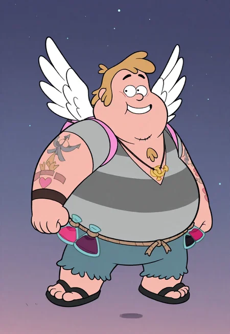 , safe_pos, solo, masterpiece, detailed, uwa, huge filesize, ultra hd, best quality, male focus, (absurdres, highres),
1boy, official art, bright, LoveGod, fat, tattoos, chest tuft, straight symbol pendant, grey striped shirt, cutoff pants, belt, wings, backpack, sandals, floating, night sky, smile