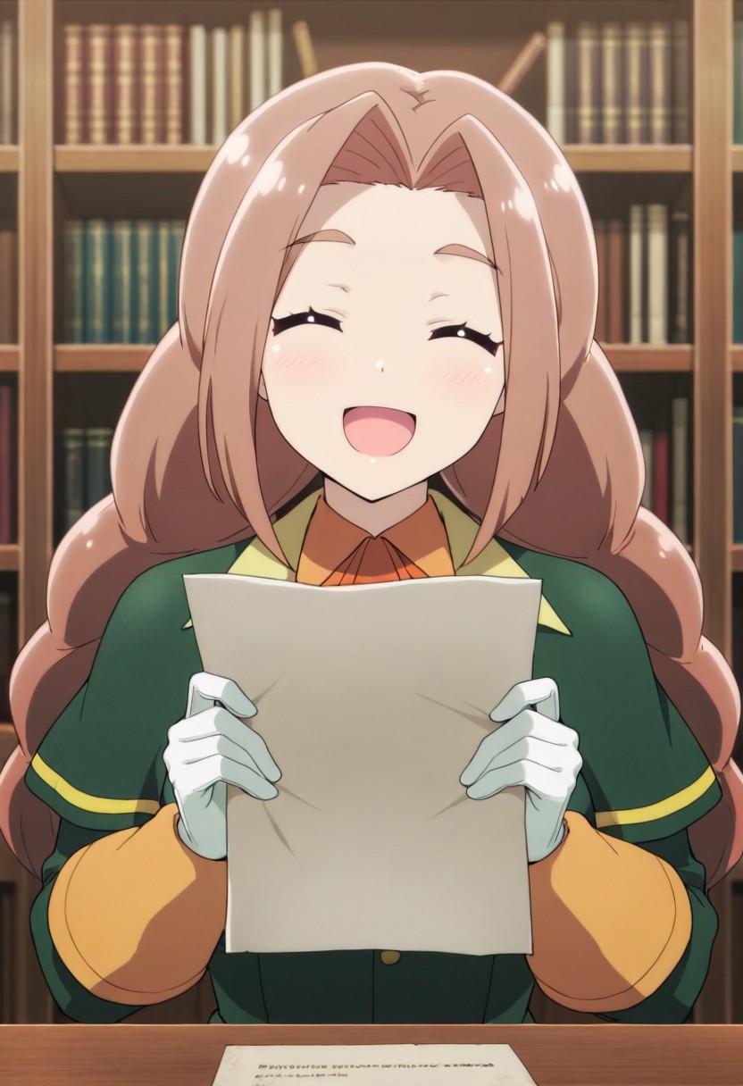 masterpiece,best quality,amazing quality, sheila ibarss, long hair, light reddish-brown hair, braid, 1girl, solo, closed eyes, smile, open mouth, holding, twin braids, bookshelf, facing viewer, book, gloves, paper, :d