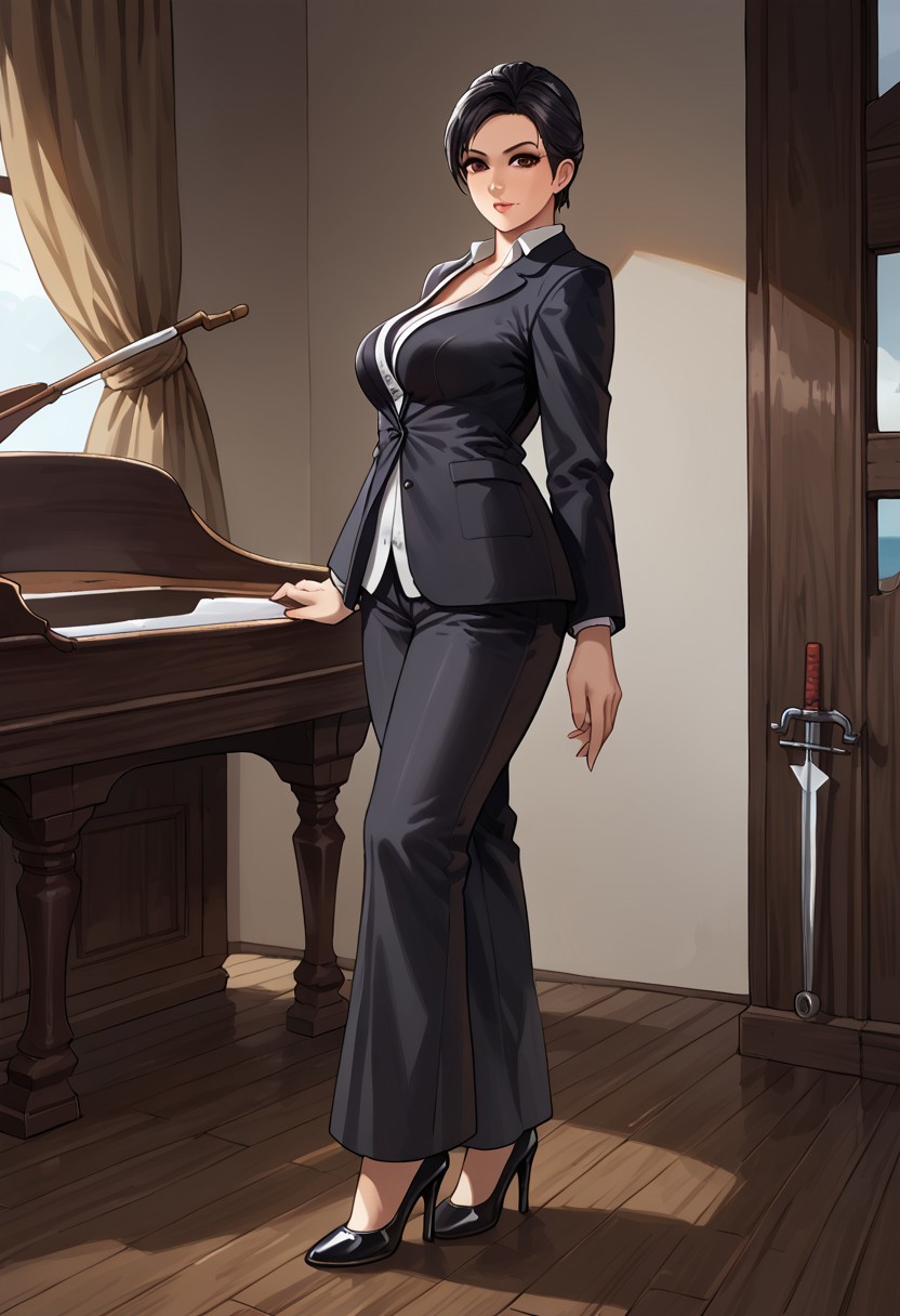 score_9, score_8_up, score_7_up, Balancing on the edge of a sailboat, she revels in the exhilaration of the open sea and wind in her hair, <lora:Miyako_Dead_or_Alive:0.7> myk-doa, 1girl, solo, black hair, large breasts, brown eyes, formal suit, looking at viewer, high heels, makeup