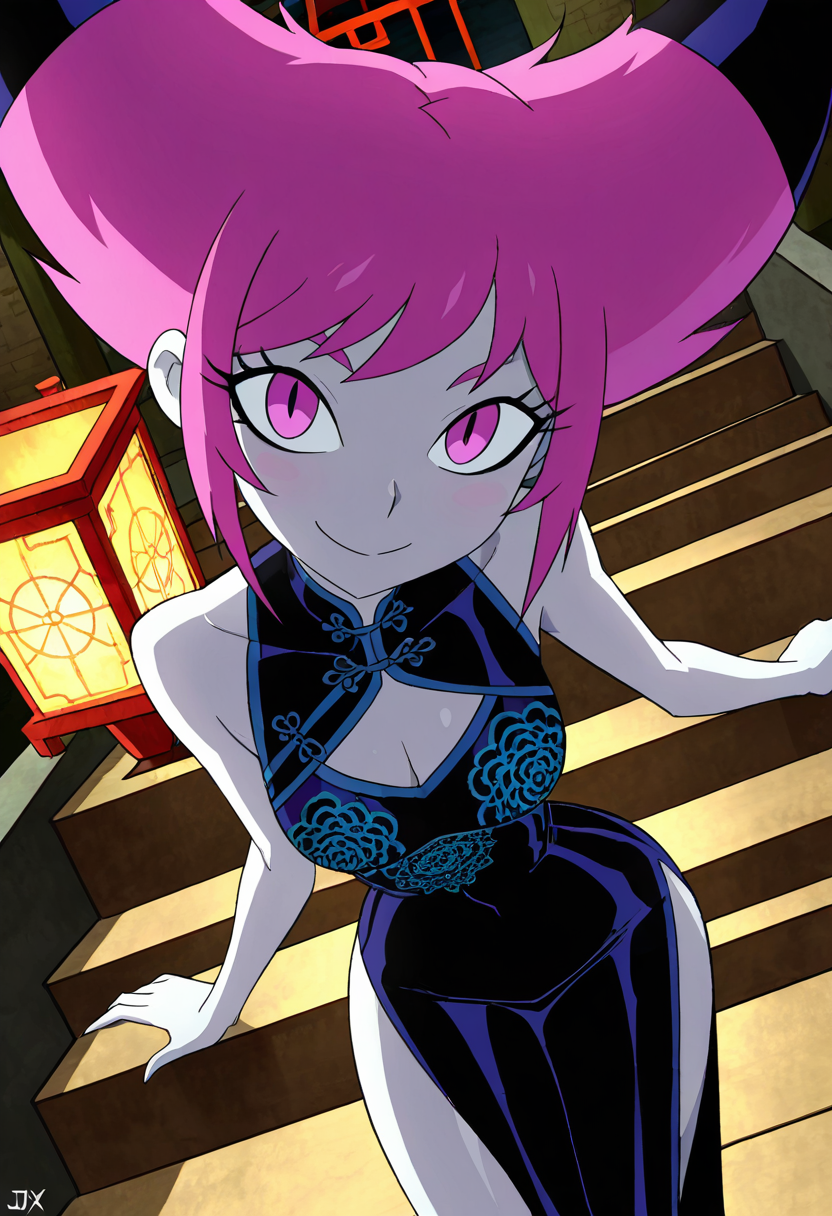 masterpiece, best quality, solo, curvy, beautiful eyes,  narrow waist, wide hips,  jnx, pink eyes, pink hair, grey skin, hair up, pale skin, medium hair, hair horns, short hair, colored skin, smile, looking at viewer,   ,       <lora:JinxTT_IXL:0.8>,   dynamic angle, foreshortening, close up, [Midnight Shrine Elegance], Embroidered silk cheongsam with high slit and side drape, double buns with ornate covers, cleavage cutout, sleeveless silhouette, traditional print, Leaning forward on the steps of a quiet shrine under starlight, with red torii gates behind and soft lantern glow illuminating ancient stone paths.