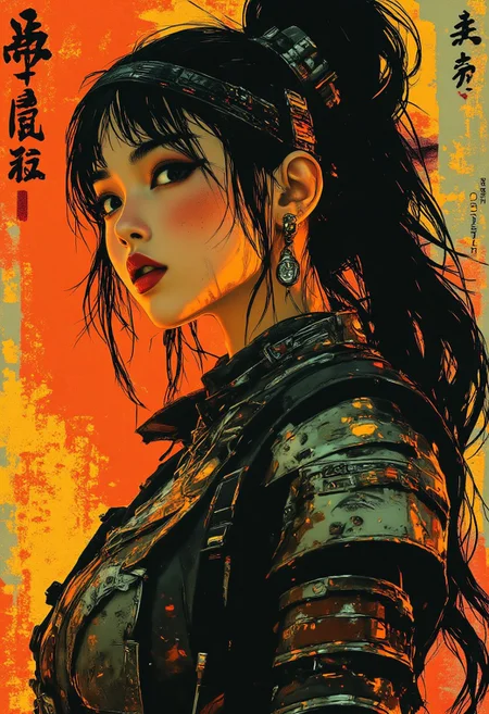 midjourney_whisper_avant_couture, inksketch portrait of stunning oriental warrior princess wearing leather plated armour, leather headband, outside shinto shrine in formal garden, long hair, sidelocks, bangs, hair ribbon, earrings, necklace, choker, embroidered dress, direct gaze, light hitting one side of face, gradient colour background, Japanese kanji