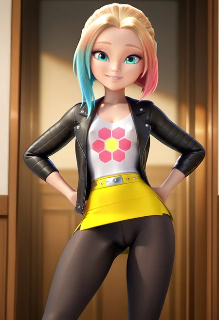 masterpiece, good quality, best quality, dynamic view, original style, 3d, screencap,
Zoe, blue eyes, light blonde hair, multicolored hair, black leather jacket, white shirt, flower shirt, yellow skirt, black leggings, small breast, cleavage, covered nipples, camel toe,
(solo, seducing, sexy pose, dynamic pose, looking at viewer, aroused, leg spread)