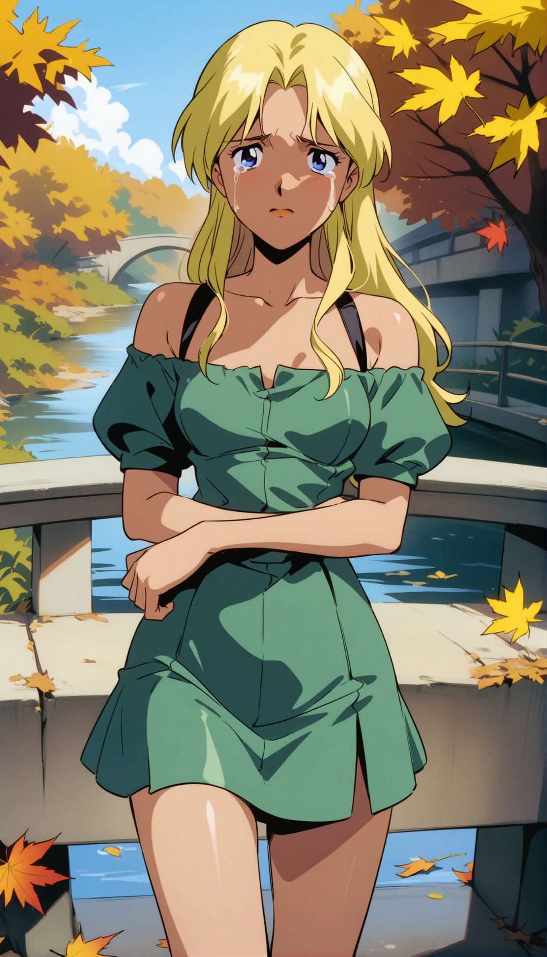 masterpiece,best quality,very aesthetic,absurdres,1990s \(style\),Electra XL,1girl,solo,off-shoulder_shirt,miniskirt,blonde hair,long hair,blue eyes,Yellow eyebrows,<lora:Electra XL:0.9>,cowboy shot,tears,sad,in autumn,bridge,