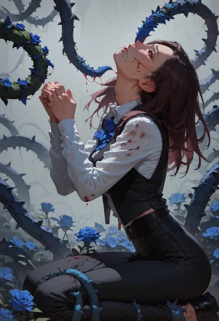 (score_9, score_8_up:1.1), score_7_up,  1girl, solo,blood, blood on clothes, blue flower, blue rose, flower, kneeling, long sleeves, pants, roses, shirt, thorns, vest, white background, white shirt, (thorns around body:1.2), side view, look up, pray, praying, begging, restrained, (thorns around leg), (thorns around arms)  <lora:Expressive_H-000001> expressiveh <lora:Concept Art Twilight Style SDXL_LoRA_Pony Diffusion V6 XL:0.8> <lora:princess_xl_v2:0.7> <lora:sinfully_stylish_SDXL>