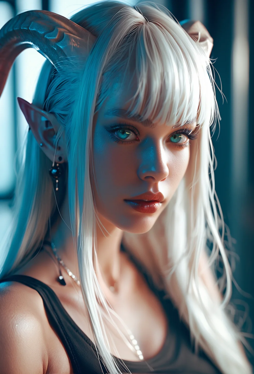 score_9, score_8_up, score_7_up, sketchy style, introspective, cyberpunk tiefling woman with long straight white hair with bangs wearing dark clothing, framed portrait illustration