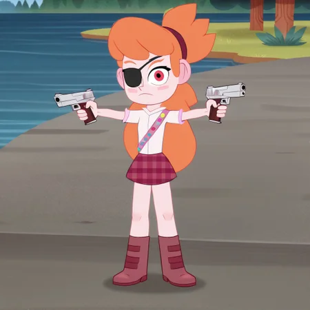 sashacc3, 1girl, solo, black eyelashes, red eyes, grumble, eye patch, voluminous ponytail, headband, orange hair, blush stickers, high collar, girl scout, pink scout badge strap, short sleeved blouse, squared skirt, boots, looking at viewer, hands crossing, released arms, holding a gun, outdoors, lake