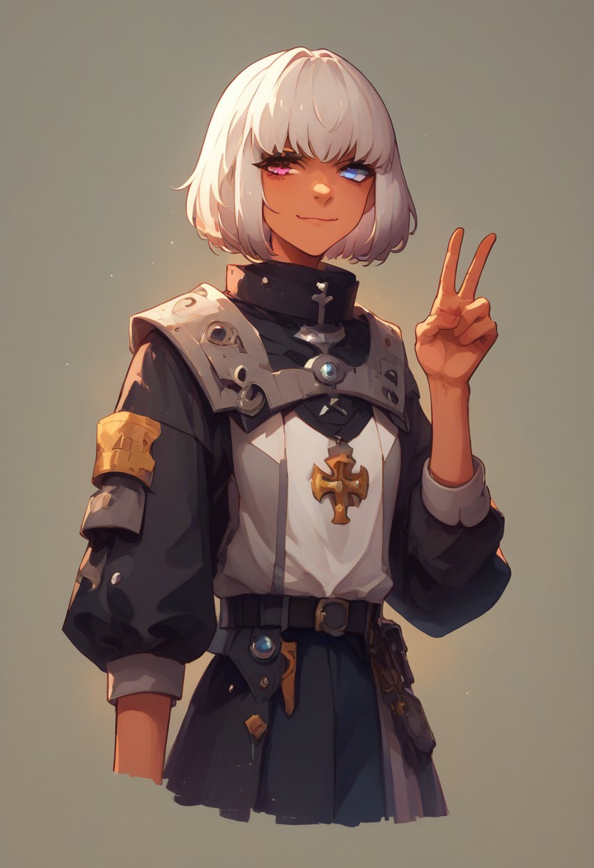 score_9, score_8_up, score_7_up,
source anime
AlmaJudikhali
dark skin, short hair, bob cut, grey hair, heterochromia, blue eyes, purple eyes.
smug face
smirk
red cheeks but tanned skin (brown skin) (dark skin)
v sign
full body