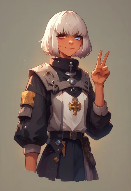 score_9, score_8_up, score_7_up,
source anime
AlmaJudikhali
dark skin, short hair, bob cut, grey hair, heterochromia, blue eyes, purple eyes.
smug face
smirk
red cheeks but tanned skin (brown skin) (dark skin)
v sign
full body