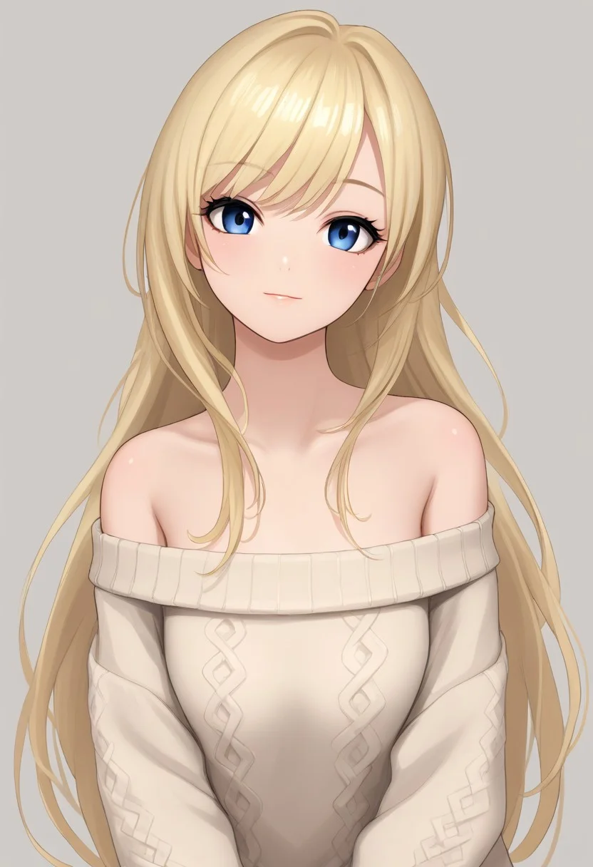 (source_anime, score_9, score_8_up, score_7_up:1), 1girl, solo, blonde, long hair, beige off-shoulder sweater, looking at viewer, simple background