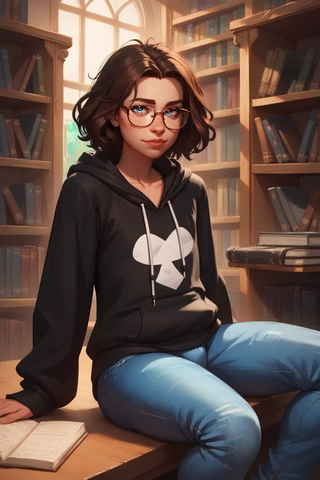 score_9, score_8_up, score_7_up, <lora:princess_xl_v2:0.7>, <lora:arcan3styl3v1PonySDXL:0.5> arcan3styl3v1,<lora:Concept Art Twilight Style SDXL_LoRA_Pony Diffusion V6 XL:0.5>,<lora:mfcgXL:0.25>, <lora:officialpit_style_v11:0.4>, source_cartoon,
tall slender 20yo adult guy, (brunette:1.5), messy medium short hair, looking at viewer, (flat chest), (tiny bulge:1.2), (hips:1.2), (small_eyewear:1.3)
(baggy long (black_hoodie:1.4), loose jeans:1.2), (sitting at a library study table:1.4),
(mid shot:1.3),