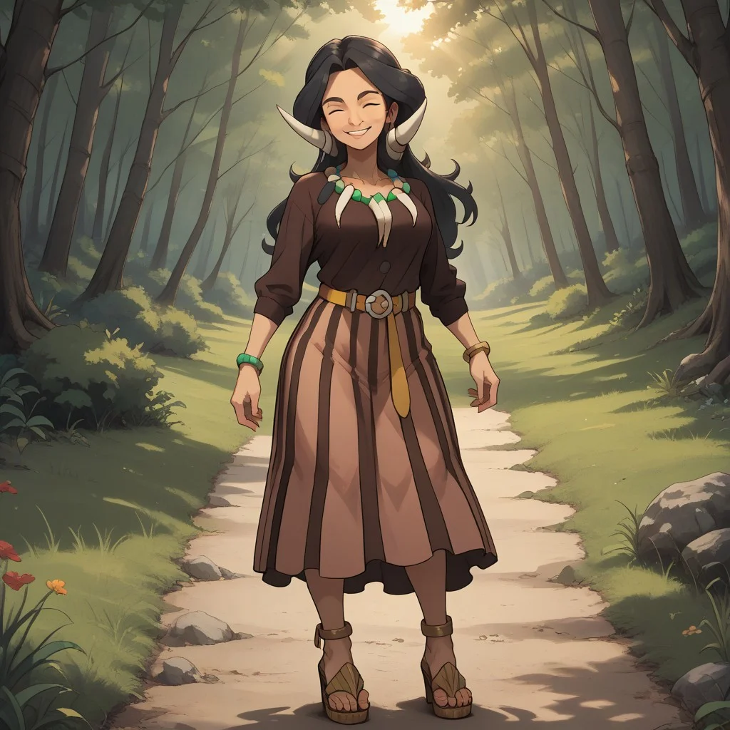 score_9, score_8, BREAK, solo, Drasna_(Pokémon), closed eyes, long black hair, tribal horns, mature female, tooth_necklace, tooth_bracelet, yellow belt, vertical-striped skirt, brown shirt, long sleeves, thick eyebrows, anklets, high heel sandals, self portrait, smile, looking at viewer, outdoors, sunlight, shadows, evening lighting, natural lighting, forest, trees, grass, orange sky, sunset