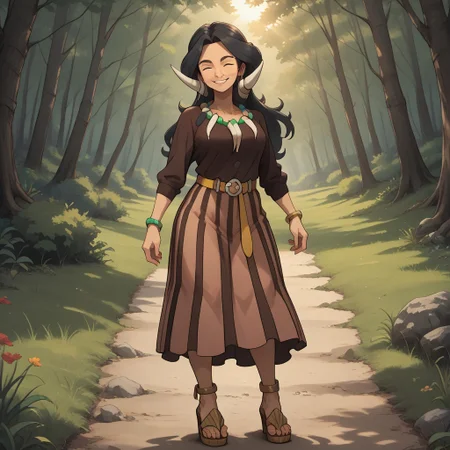 score_9, score_8, BREAK, solo, Drasna_(Pokémon), closed eyes, long black hair, tribal horns, mature female, tooth_necklace, tooth_bracelet, yellow belt, vertical-striped skirt, brown shirt, long sleeves, thick eyebrows, anklets, high heel sandals, self portrait, smile, looking at viewer, outdoors, sunlight, shadows, evening lighting, natural lighting, forest, trees, grass, orange sky, sunset