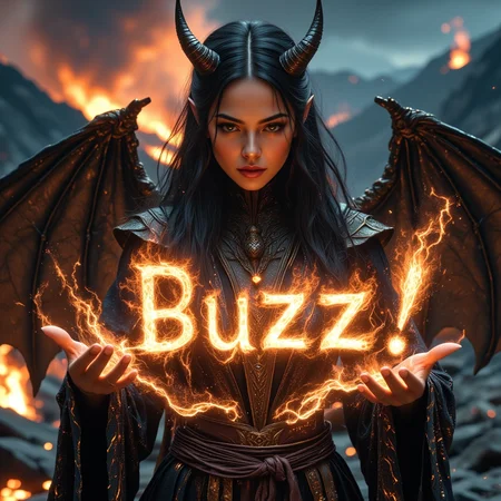 volcanic landscape, beautiful woman, black hair, demon horns,  dragon wings, body covered in black robes, sfw, beautiful detailed face, glowing eyes, powerful, strong, magically glowing hands, magical sparks forming letters, magic glowing burning words, text "You better give me Buzz!", casting fire letters "Buzz!", highly detailed, hyper realistic, fantasy style, hkmagic <lora:FantasyWizardWitchesFluxV2-000001:1.02>
