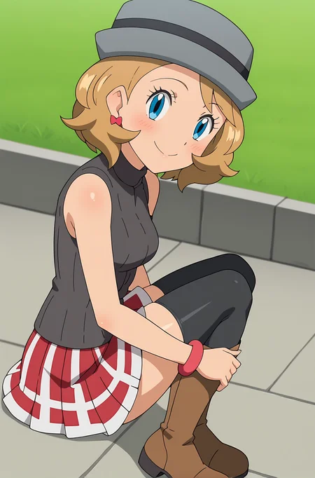 score_9, score_8_up, score_7_up, source anime, anime, animification, anime screencap, anime coloring, vivid colors, shiny skin, skindentation, deep skin, depth of field, high quality, highres, (dynamic angle,dynamic pose),
serenaj, 1girl, solo, looking at viewer, blush, smile, short hair, blue eyes, skirt, blonde hair, thighhighs, hat, jewelry, sitting, closed mouth, heart, pleated skirt, earrings, boots, sleeveless, shiny, black thighhighs, bracelet, from side, bare arms, eyelashes, red skirt, turtleneck, brown footwear, sweater vest, sleeveless turtleneck, grey headwear, serena \(pokemon\)
BREAK
masterpiece, high quality
<lora:Serena_Journeys:0.9>