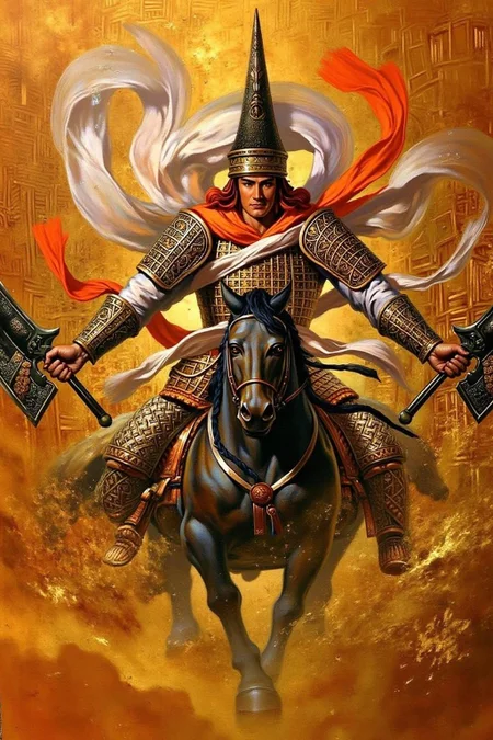 chenu1 illustration.
chenu1 illustration. A dynamic depiction of a warrior in ornate, traditional armor inspired by historical Chinese designs. The figure is adorned with intricate metallic plates, a tall, pointed helmet, and vibrant flowing scarves in white and orange that add motion and drama. The warrior wields a falg with a determined expression, set against a background of warm golden and orange hues, blending geometric patterns and swirling elements. The composition emphasizes action, detail, and a sense of historical epic storytelling
<lora:chenu2_poster_cap_d6a3:1.0><lora:822503632084874121:0>