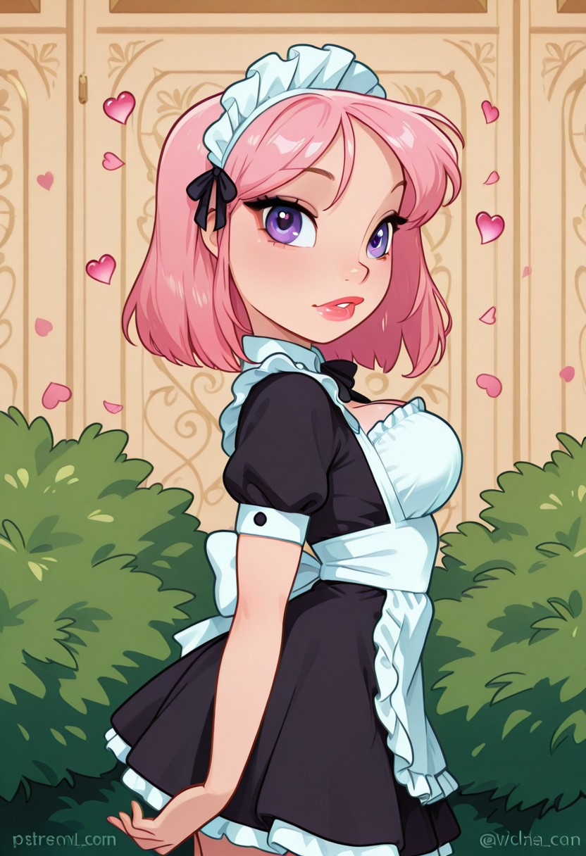 <lora:CivChan:1> side view, CivChan, purple eyes, pink hair, maid outfit, medium breasts, full lips, floating hearts, hearts, doing the homer Simpson walking backward meme, Large bush wall