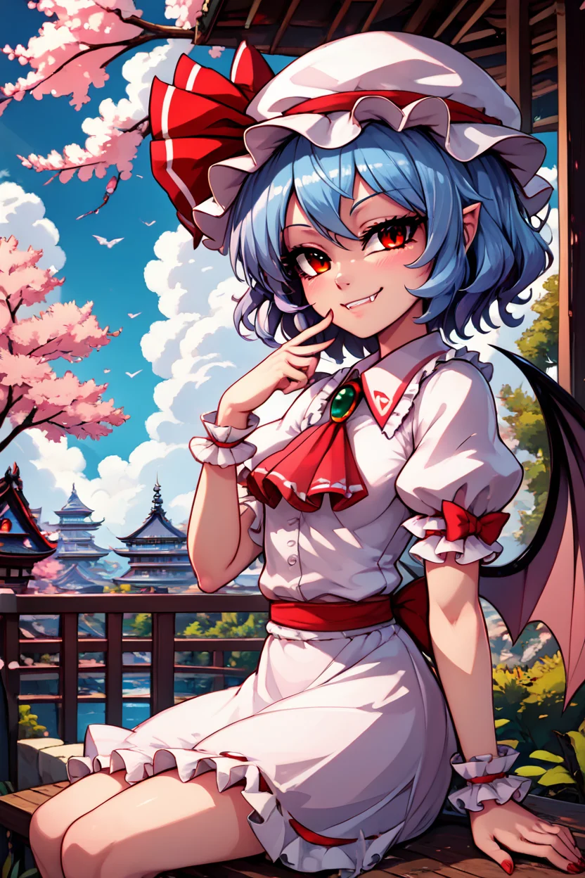score_9, score_8_up, score_8, medium breasts, (curvy), cute, eyelashes, BREAK, , zzRemilia, red eyes, blue hair, short hair, hat, ribbon, wings, ascot, hat ribbon, bat wings, short sleeves, frills, puffy sleeves, smile, smug, <lora:Remilia_Touhou_PDXL:0.8>, BREAK, sitting on bench, side view, smile, looking at viewer, cowboy shot, ,,, BREAK, pnkBldng, sky, day, cloud, tree, blue sky, building, architecture, east asian architecture, ,,, BREAK, embedding:zPDXL, Expressiveh, ,,, <lora:PinkBuildingsPDXL_v2:0.6>, <lora:SDXLFaeTastic2400:0.5>, <lora:Expressive_H-000001:0.4>