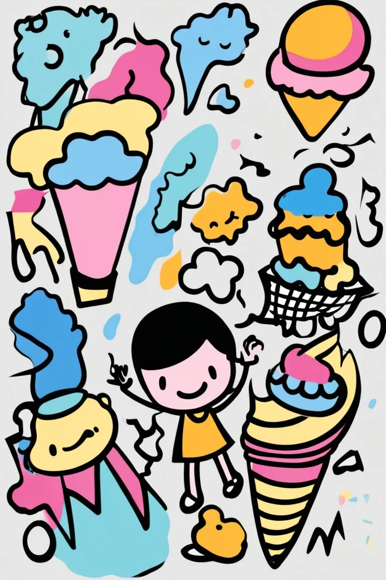 illustration of a child holding an ice cream, surrounded by shapes, doodle art style <lora:Doodle_XL_V1:1>
