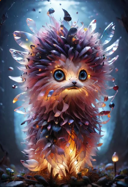 Mix the glowing-mushrooms, bunny and curly fur to create adorable magical creature with big glowing eyes, masterpiece, Surrealism, close-up, macro photo, f/1.2, backlighting, Albert Edelfelt, multicolored hair