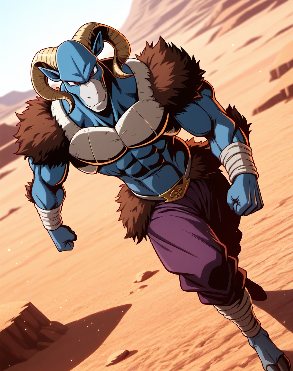 <lora:Moro_3rd_Form_(Dragonball_Z)_(Illustrious)_(AD):1.3> Moro, muscular, goat, 
dutch angle, exterior, desert, 
male focus, gradient coloring, solo, cowboy shot, bent leg, perfect proportions, hyper muscular, goat head, 
BREAK very awe, aesthetically pleasing, masterpiece, best quality, amazing quality, very aesthetic, perfect depth of field shot, in'ei, bright vivid colors, source_anime, masterclass anime,
EZRealPONYXL, zPDXL, Smooth Quality, lazympos, IllustQualXL_Pos,