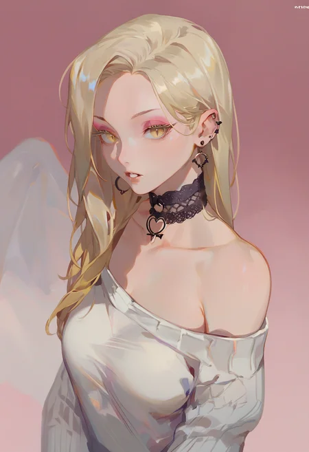 score_9, score_8_up, score_7_up, score_6_up <lora:reiXL_AutC_lokr_V43P1:0.95> 1girl, solo, bat hair ornament, choker, long hair, hair ornament, blonde hair, jewelry, earrings, eyeshadow, looking at viewer, black choker, makeup, yellow eyes, off shoulder, simple background, parted lips, bare shoulders, collarbone, sweater, ear piercing, eyelashes, piercing, white background, white sweater, upper body, off-shoulder shirt, lace choker, portrait, parted bangs, off-shoulder sweater, pink background