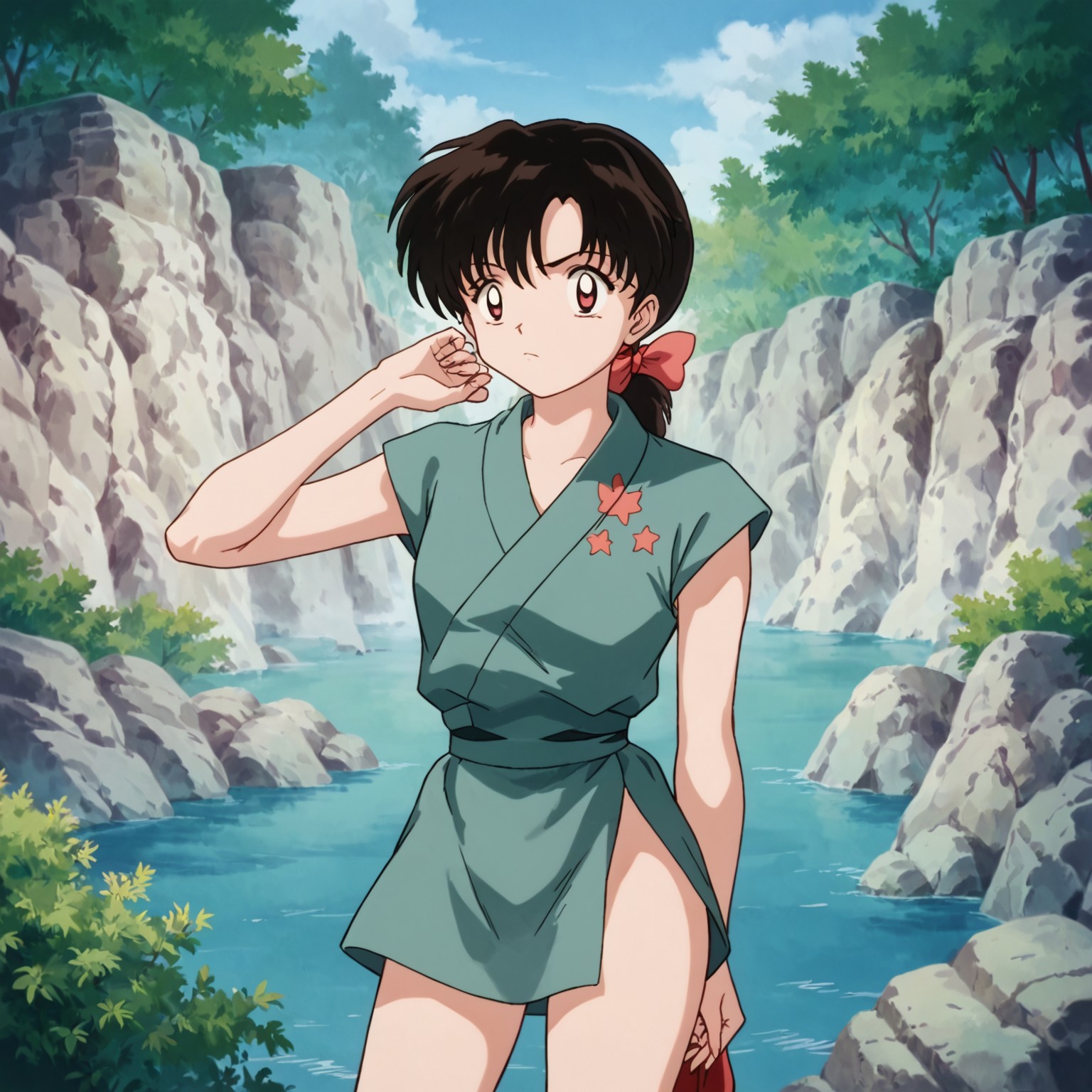 score_9, score_8_up, score_7_up, 1girl, outdoor,  
ponytail, hair bow, japanese clothes, black hair, brown hair, posing, inuyasha, 1990's artstyle, nazuna