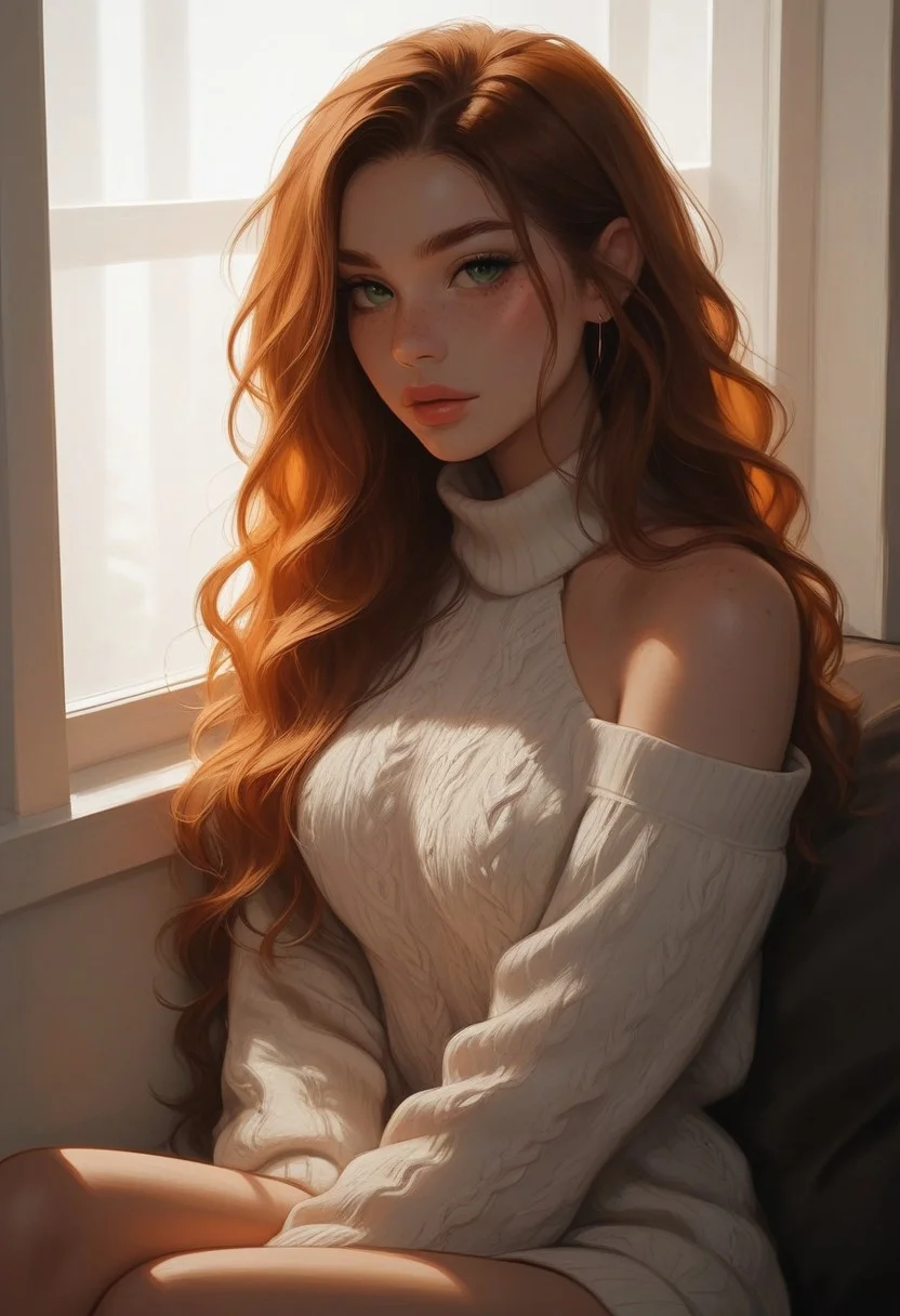 masterpiece, score_9, score_8_up, score_7_up, EasyNegative_v2, (best quality:1.1), ultra-detailed, high resolution, super detailed skin, Highly Visible, 8k, sharp focus, beautiful, perfect lighting, smooth edges, girl, 18 year old girl, cute innocent girl, solo, posing, petite, slender body, large perky round breasts, green eyes, ((freckles, freckle details)), full lips, slim legs, ginger, wavy hair, long hair, soft beige knitted sweater, sitting on cutie, sitting by window, subtle texture, cozy winter style, sitting by rainy cafe window, window reflection, soft rain atmosphere, soft indoor lighting, indoor warmth, soft natural lighting, high angle