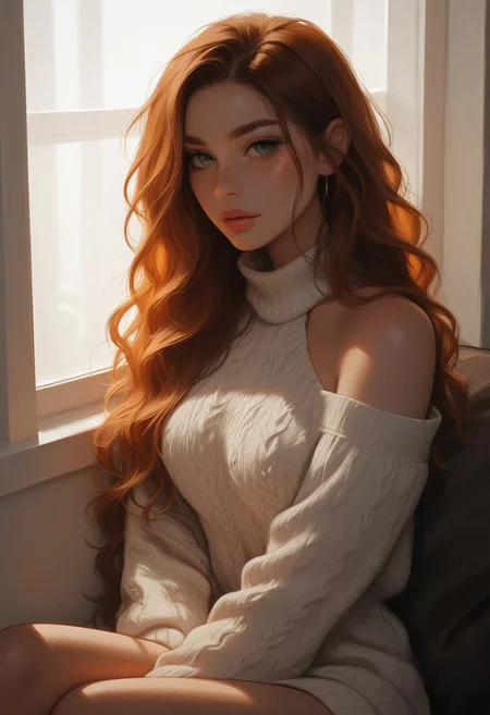 masterpiece, score_9, score_8_up, score_7_up, EasyNegative_v2, (best quality:1.1), ultra-detailed, high resolution, super detailed skin, Highly Visible, 8k, sharp focus, beautiful, perfect lighting, smooth edges, girl, 18 year old girl, cute innocent girl, solo, posing, petite, slender body, large perky round breasts, green eyes, ((freckles, freckle details)), full lips, slim legs, ginger, wavy hair, long hair, soft beige knitted sweater, sitting on cutie, sitting by window, subtle texture, cozy winter style, sitting by rainy cafe window, window reflection, soft rain atmosphere, soft indoor lighting, indoor warmth, soft natural lighting, high angle