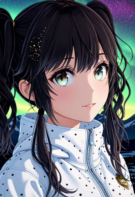 Pointillism style (((masterpiece))),(best quality),4K masterpiece,((ultra-detailed)),highly detailed,detailed shadow,
gold northern lights,closeup of sky, vibrant, highly detailed,1 girl, eyes, beautiful eyes,twintails, black hair,white jacket,different color eyes