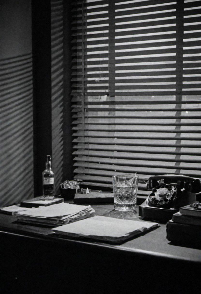 In the 1950s in Chicago, Night, interior of a private detective's office, desk on a bottle of Whiskey, cigarette smoke and little light coming through the blinds on the window. Captured on a 35mm camera, black and white, classic film.
inside