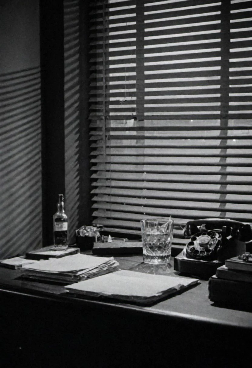 In the 1950s in Chicago, Night, interior of a private detective's office, desk on a bottle of Whiskey, cigarette smoke and little light coming through the blinds on the window. Captured on a 35mm camera, black and white, classic film.
inside