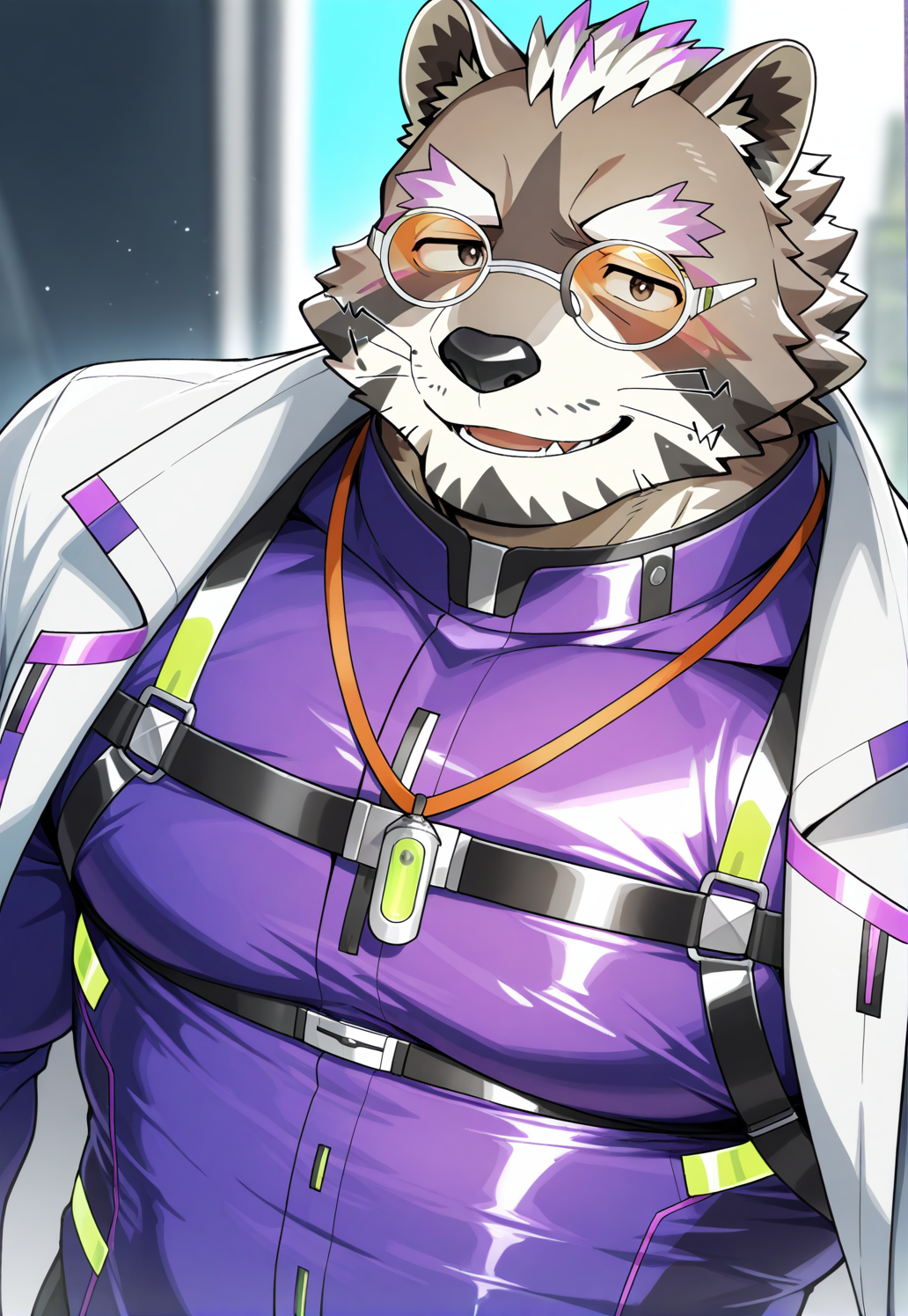 masterpiece,best quality,newest,absurdres,highres,very awa,1boy,solo,male focus,anime coloring,old male,<lora:viscunam(lah)_IL:1>,viscunam,raccoon boy,furry,furry male,white hair,short hair,gradient hair,mature male,old male,scientists clothing,dark brown eyes,kind_smile,looking at viewer,small round orange glasses,live a hero,