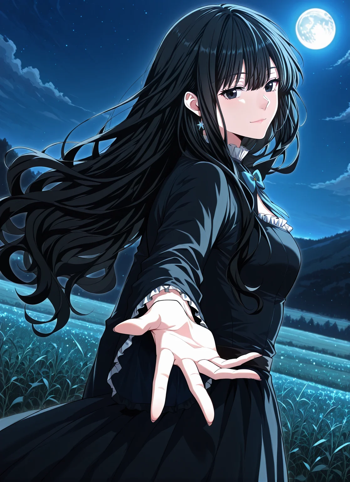 <lora:Kathyln_Glayder__The_Beginning_After_the_End__Illustrious-000009:1>
1 girl, solo, black eyes, brwon eyes, very long hair, black hair, bangs, wavy hair, ahoge, hair between eyes,
black dress, long dress, blue bowtie, black thighhighs, long sleeves, frills, earrings, jewelry, star earrings,
score_9, score_8_up, score_7_up, very aesthetic, source_anime, detailed, high quality, beautiful, masterpiece, detailed eyes, field, blurry background, pose dynamic angle, upper body, cowboy shot, light smile, looking back, reaching out, floating hair, looking at viewer, night, blue moon, <lora:iLLMythG0thicL1nes:1>