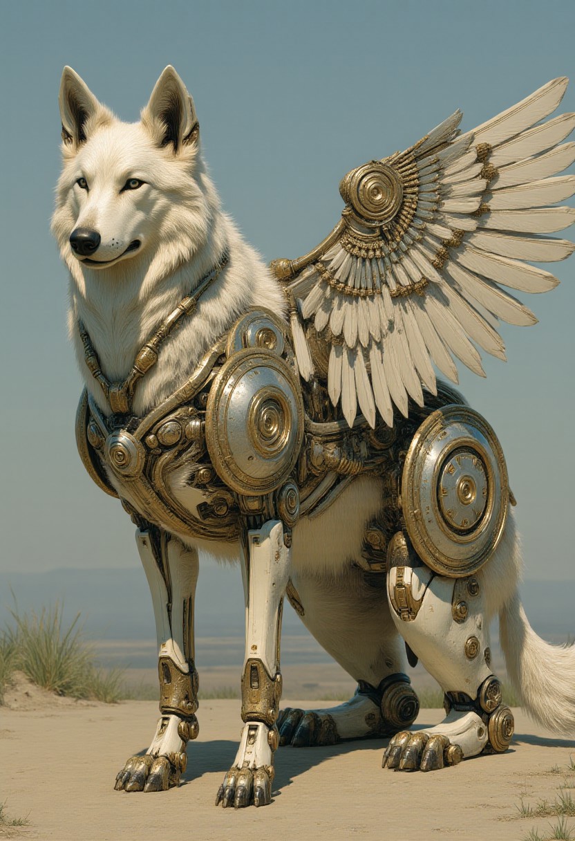 In the style of ff-td, a wolf with mechanic wings