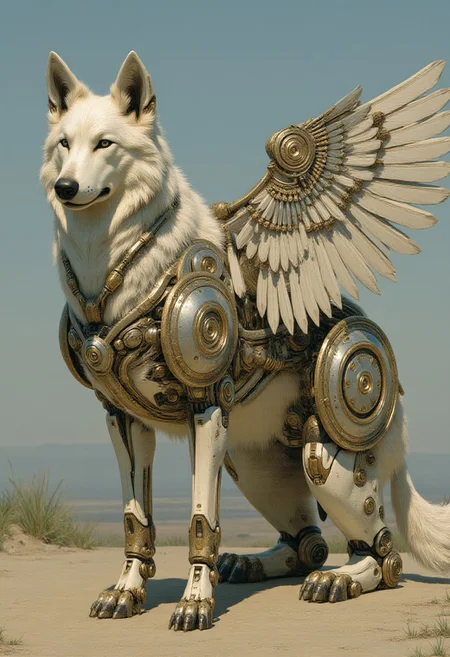 In the style of ff-td, a wolf with mechanic wings