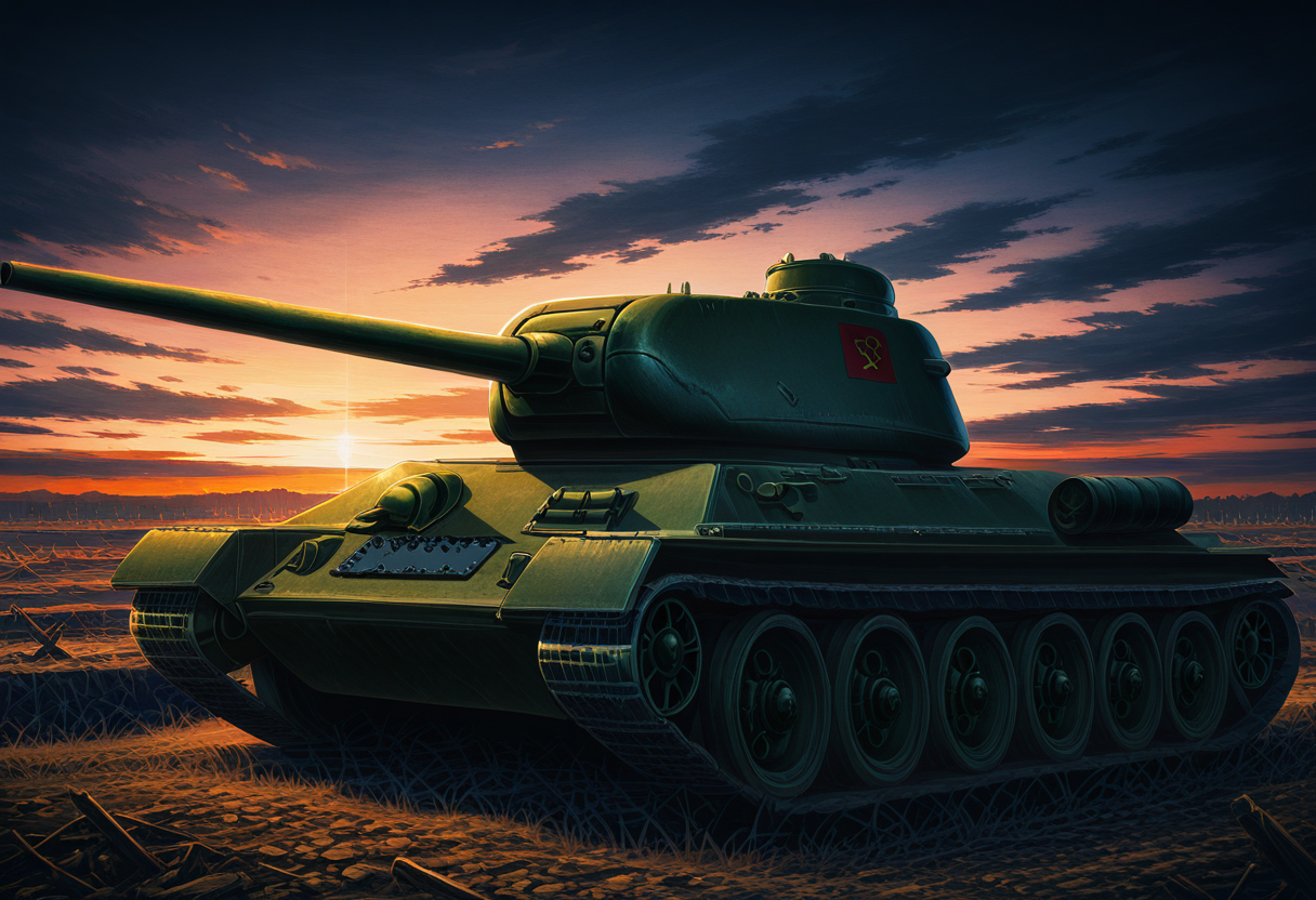Graphic Design, color art, vibrant colors, colorful, intricate details, high contrast, detailed background, beautiful detailed, beautiful face, detailed eyes, detailed face, newest, new, t3485, no humans, vehicle focus, tank, military vehicle, battlefield, evening, sunset, cloudy, cinematic lighting, dark,